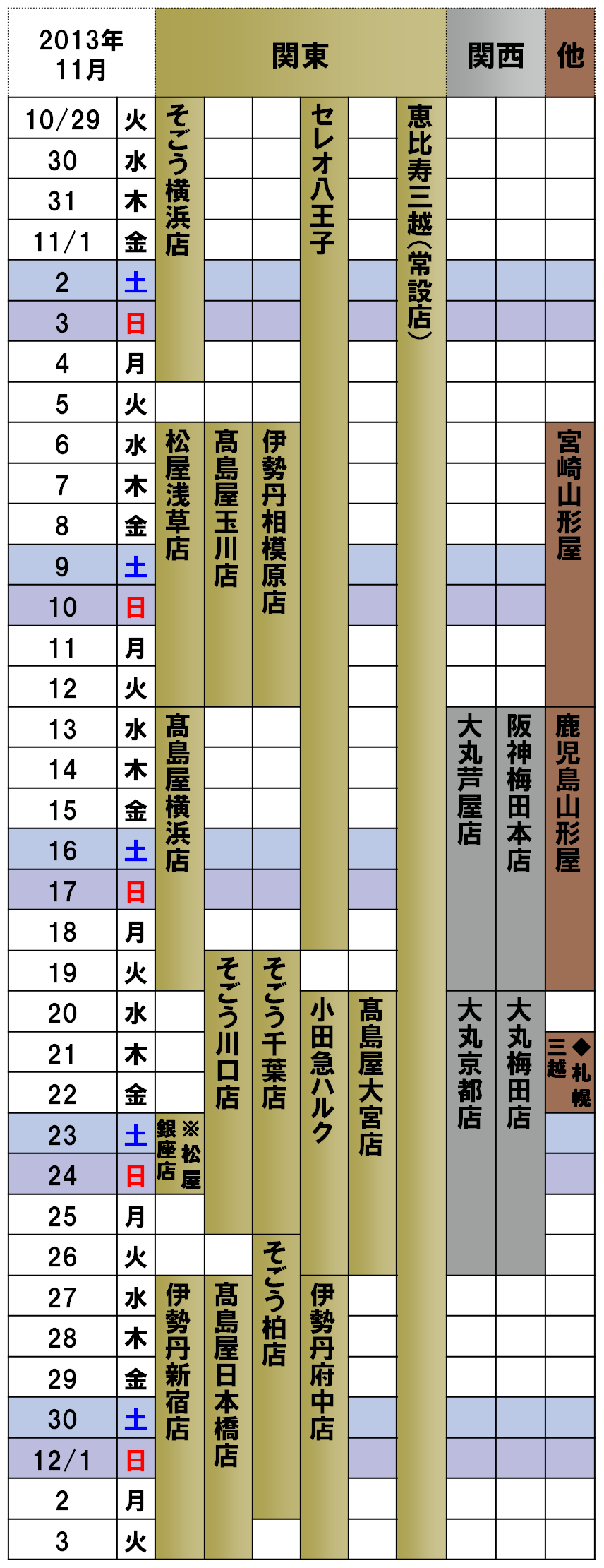 2013年11月ナチュラルウェイの催事カレンダー