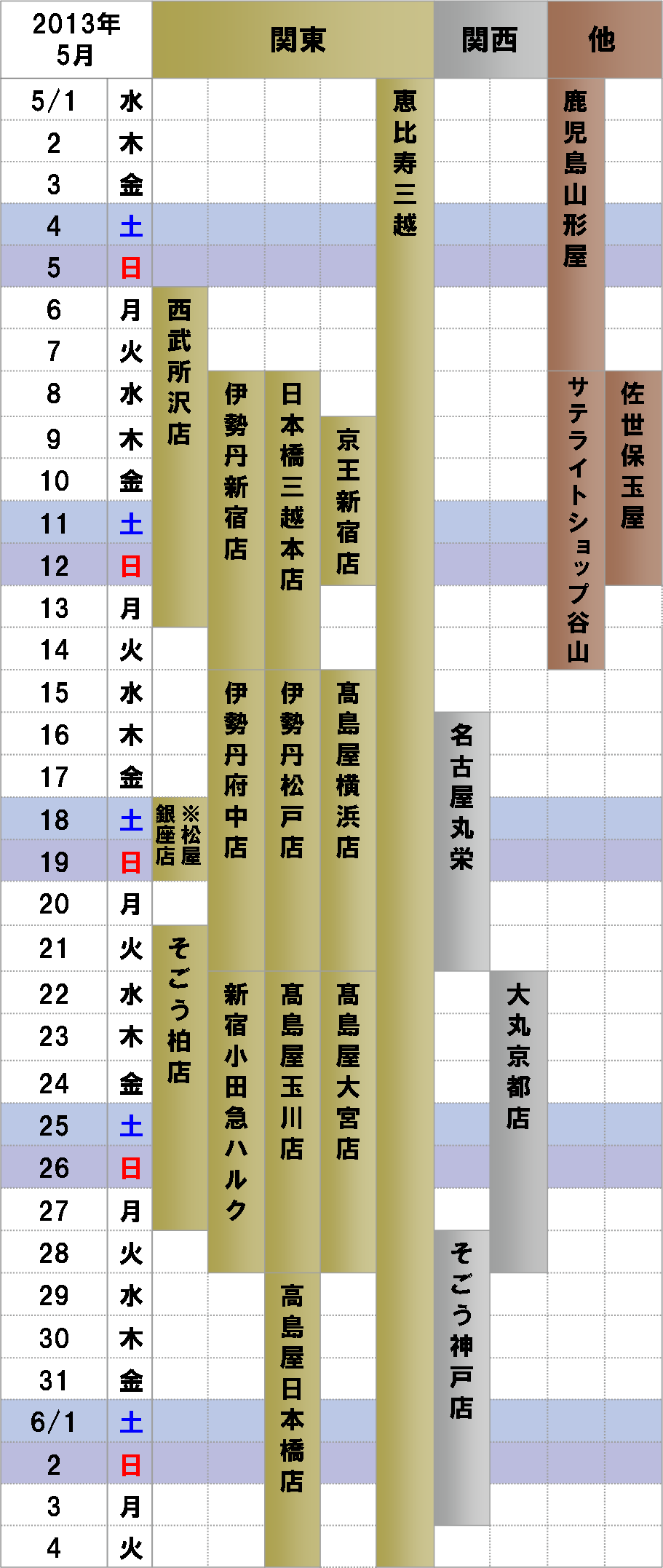 2013年5月ナチュラルウェイの催事カレンダー