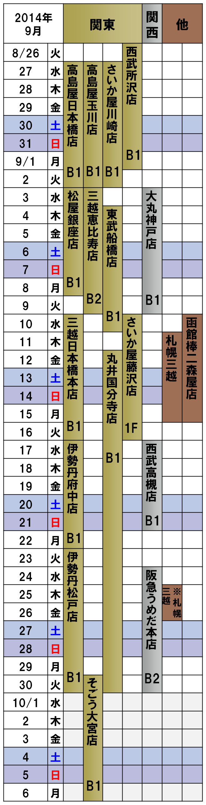 2014年9月ナチュラルウェイの催事カレンダー